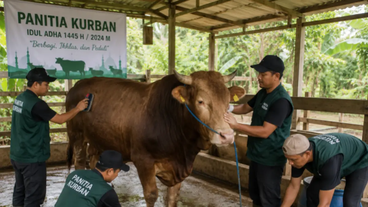 Panitia kurban sedang menjaga sapi kurban (AI/Halojember)