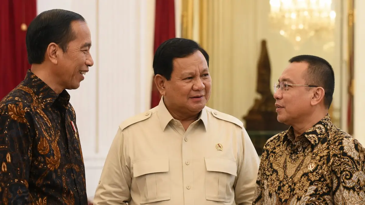&nbsp;Ilustrasi Jokowi, Prabowo, dan Sufmi Dasco bersama. (briliabdillah/ai)