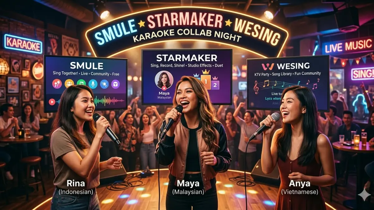 Gambar smule, starmaker, dan wesing disebut sebagai aplikasi nyanyi atau karaoke paling top di Indonesia.