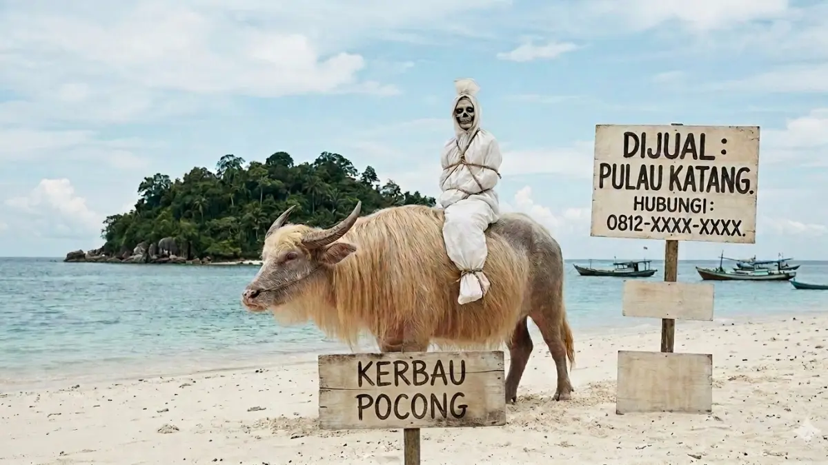 Gambar ilustrasi, pocong naik kerbau Alibo berambut pirang, berada di pulau Katang yang diisukan dijual dan tiga hal ini viral di dunia. (nurhariri/ai/halojember)