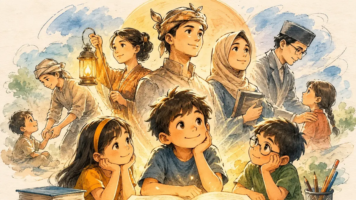 Ilustrasi Pendidikan Karakter Tanpa Menggurui, Meneladani Karakter Baik dari Tokoh Cerita, Opini oleh Syandria Laila Putri, Mahasiswa Universitas Lampung. (Ijal/AI/ChatGPT)