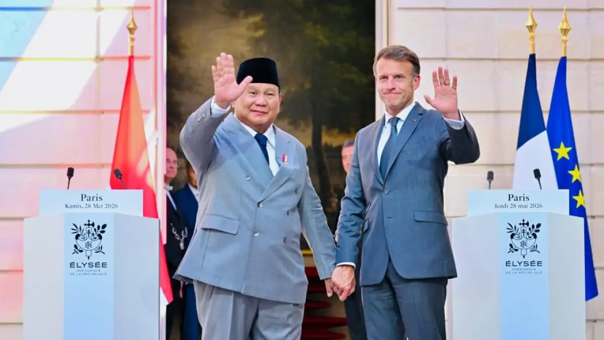 Presiden Republik Indonesia Prabowo Subianto melaksanakan pernyataan pers bersama Presiden Republik Prancis Emmanuel Macron dalam rangkaian kunjungan kenegaraan di Istana Élysée, pada Kamis, 28 Mei 2026. Foto: BPMI Setpres/Laily Rachev