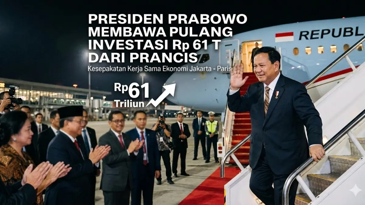 Presiden Republik Indonesia, Prabowo Subianto menyapa sejumlah pejabat dalam gambar ilustrasi di bandara setelah melakukan kunjungan ke Prancis dan membawa pulang kesepakatan investasi senilai Rp 61 T. (nurhariri/ai/halojember)