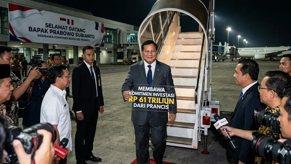 Presiden Prabowo turun dari pesawat dalam gambar ilustrasi dan membawa investasi. (nurhariri/ai/halojember)