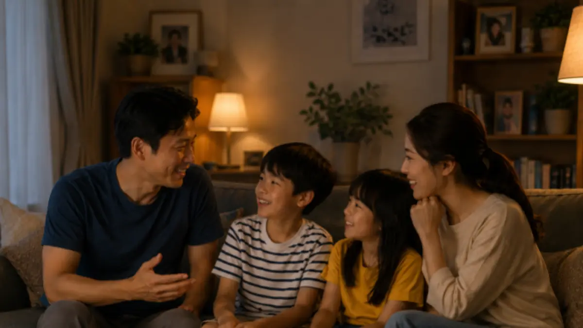 Ilustrasi keluarga yang sedang mengobrol di ruang tengah (AI/Halojember)