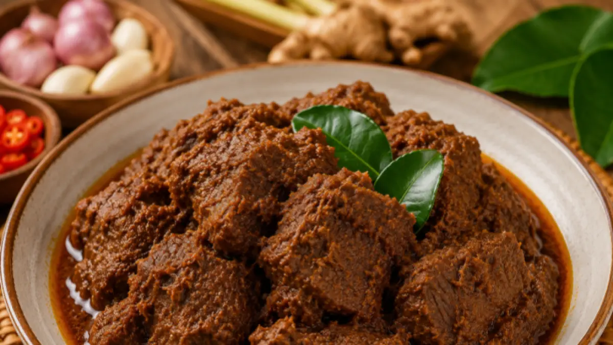Rendang warisan kuliner Indonesia yang tidak hanya menawarkan kelezatan tapi juga sejarah dan cerita leluhur (AI/Halojember)
