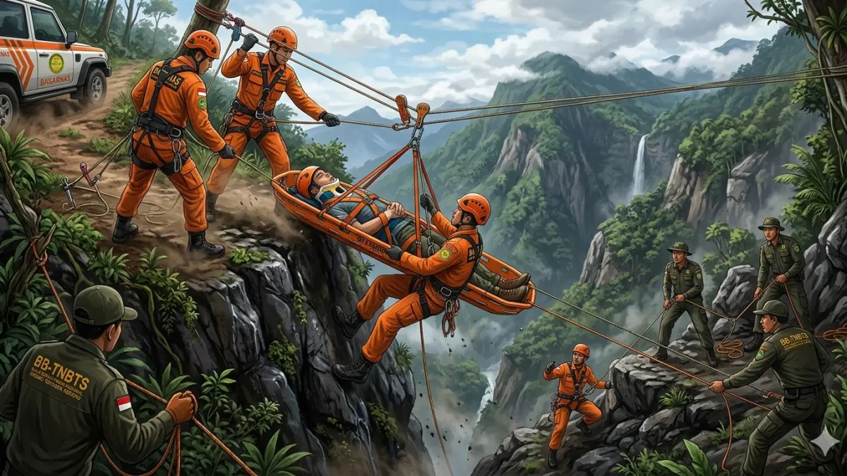 Ilustrasi gambar evakuasi korban jatuh kejurang, namun masih selamat. (nurhariri/ai/halojember)