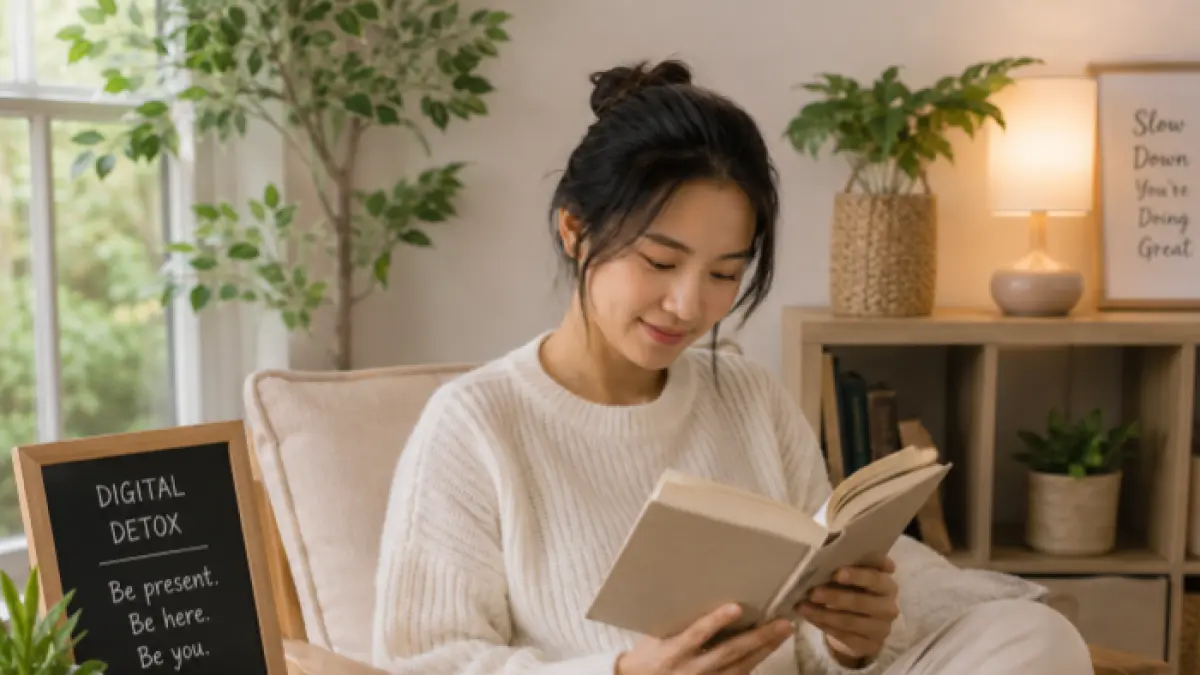 Ilustrasi perempuan sedang membaca buku setelah bermain gadget seharian (AI/Halojember)
