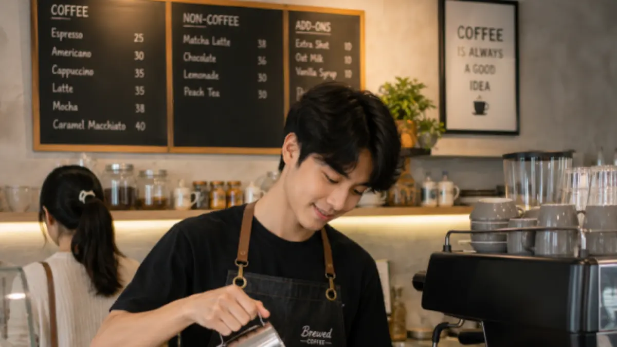 seorang mahasiswa yang sedang bekerja part time menjadi barista di sebuah kafe (AI/Halojember)