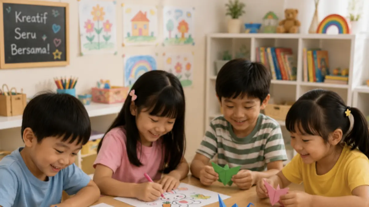 Anak-anak asik mewarnai dan membuat origami (AI/Halojember)