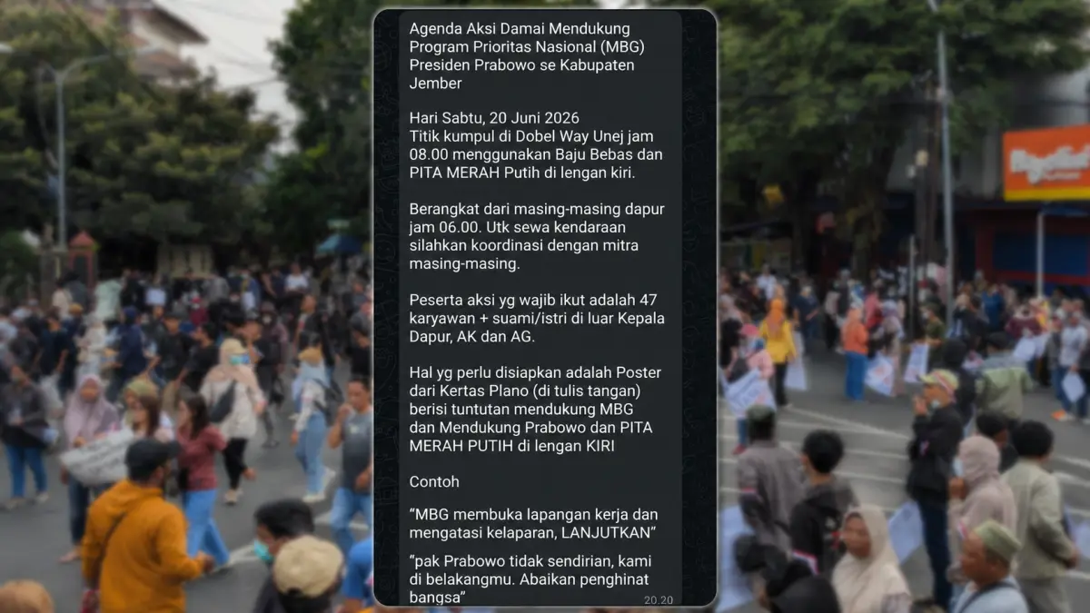 Tangkapan layar pesan ajakan aksi dukung MBG dalam aksi massa yang digelar di DPRD Jember, Sabtu (20/6/2026). (Netizen)