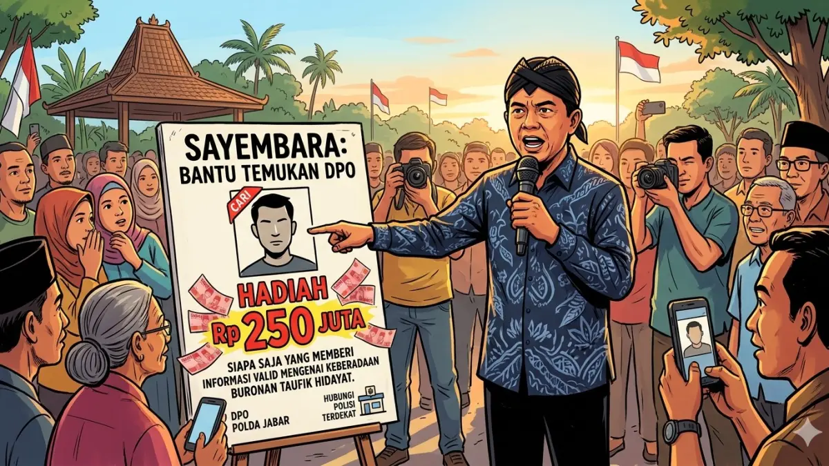 Gambar sayembara berhadiah Rp 250 juta bagi yang menemukan DPO Taufik Hidayat, penganiaya sadis di Bandung. (nurhariri/ai/halojember)