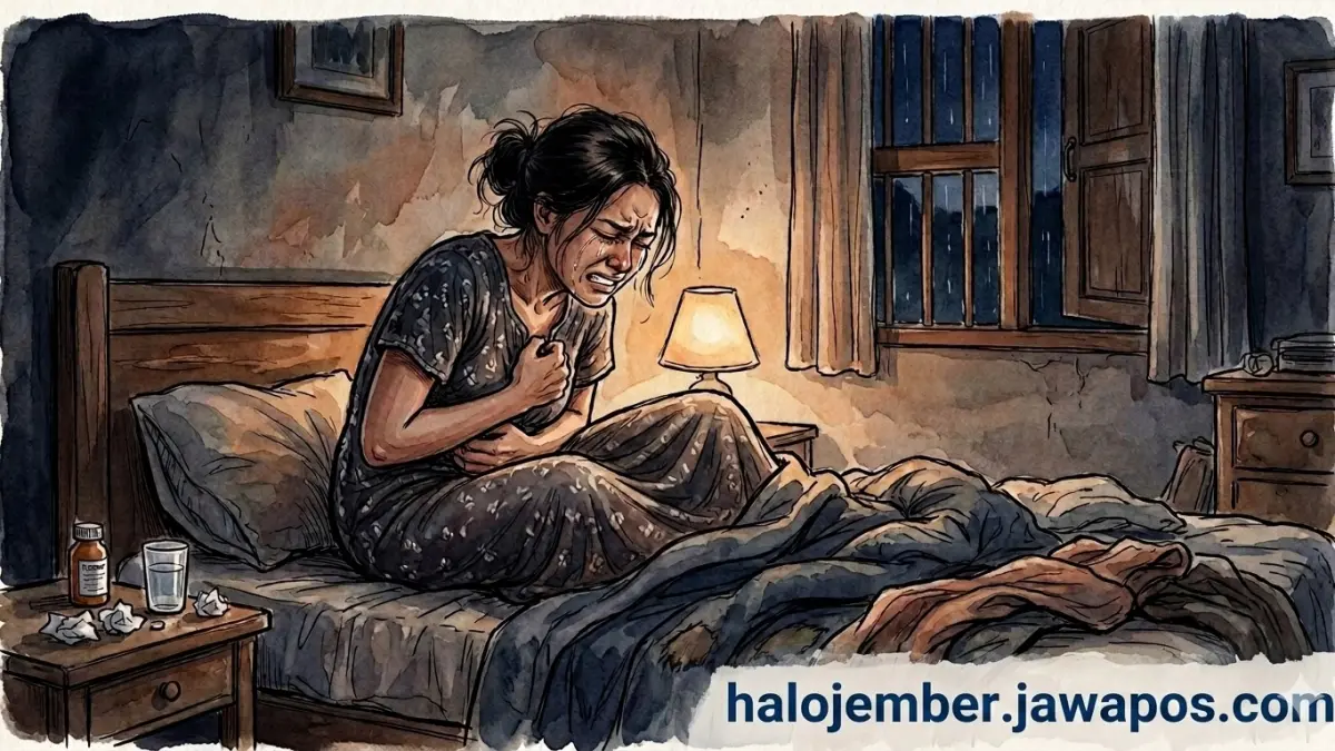 Ilustrasi gambar perempuan menahan rasa sakit. (nurhariri/ai/halojember)