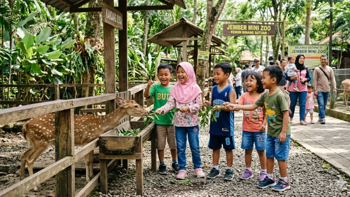 Keseruan anak-anak memberi pakan hewan dalam ilustrasi di Jember Mini Zoo. (nurhariri/ai/halojember)