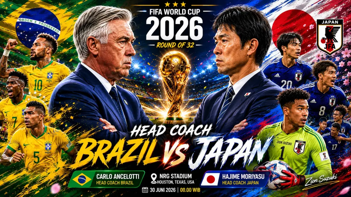 Adu filosofi sepak bola dua pelatih dunia, Headcoach Brasil Carlo Ancelotti vs Hajime Moriyasu, pelatih Jepang jelang Brasil vs Jepang di Babak 32 Besar Piala Dunia 2026. (Sidkin/AI/Halojember)