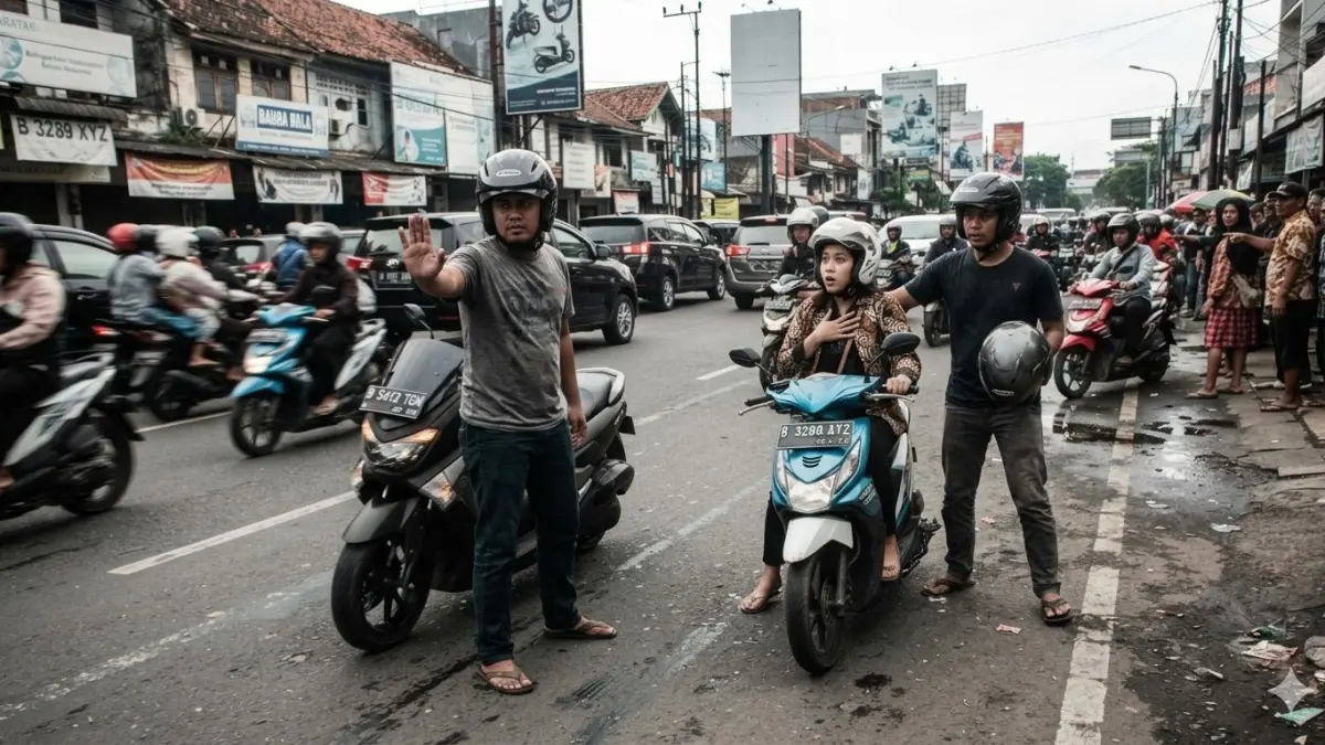 Sepeda motor akan dijabel oleh mata eleng atau debcollector dalam gambar ilustrasi, dihentikan di jalanan. (nurhariri/ai/halojember)
