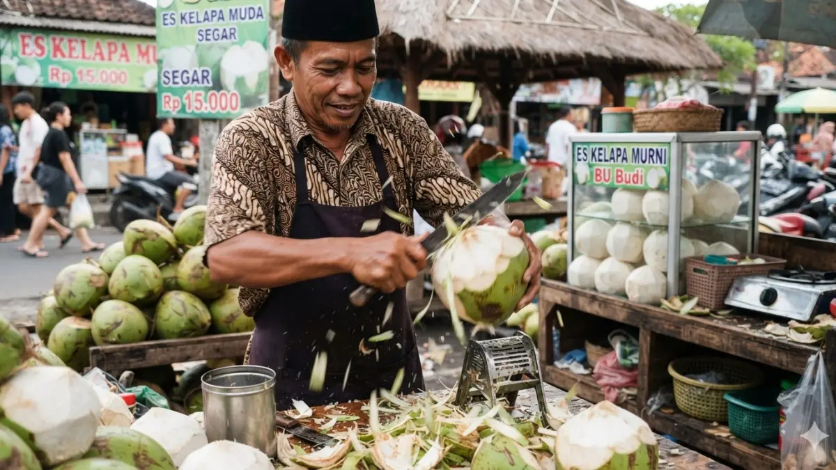 Pedagang es degan mengupas kelapa muda dalam hitungan detik. (nurhariri/ai/halojember)