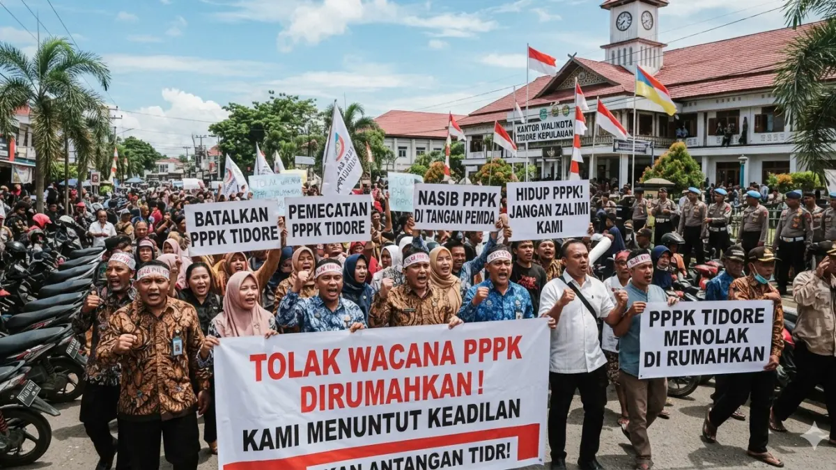 Adanya wacana PPPK akan dirumahkan, ribuan orang aksi di kantor Wali Kota Tidore Kepulauan. (nurhariri/ai/halojember)