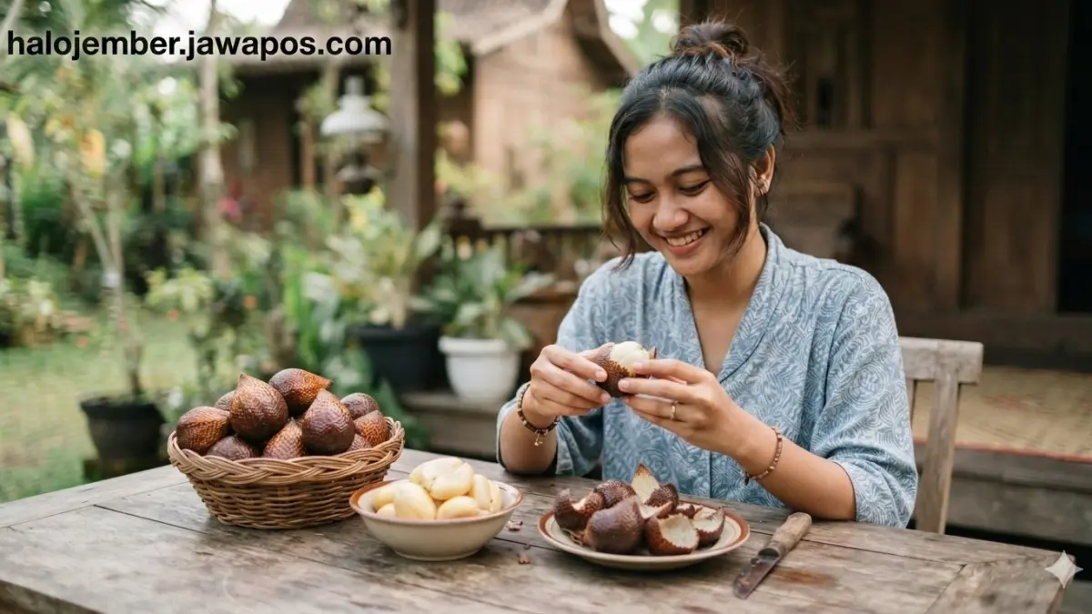 Perempuan cantik mengupas buah salak. (nurhariri/ai/halojember)