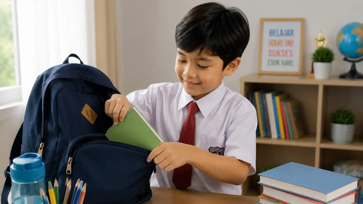 Anak menyiapkan peralatan sekolah