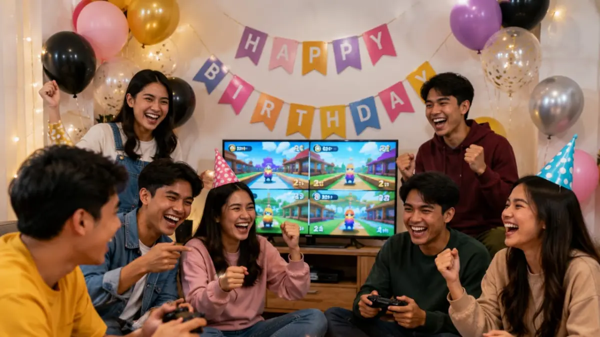 Ilustrasi orang bermain game saat perayaan ulang tahun