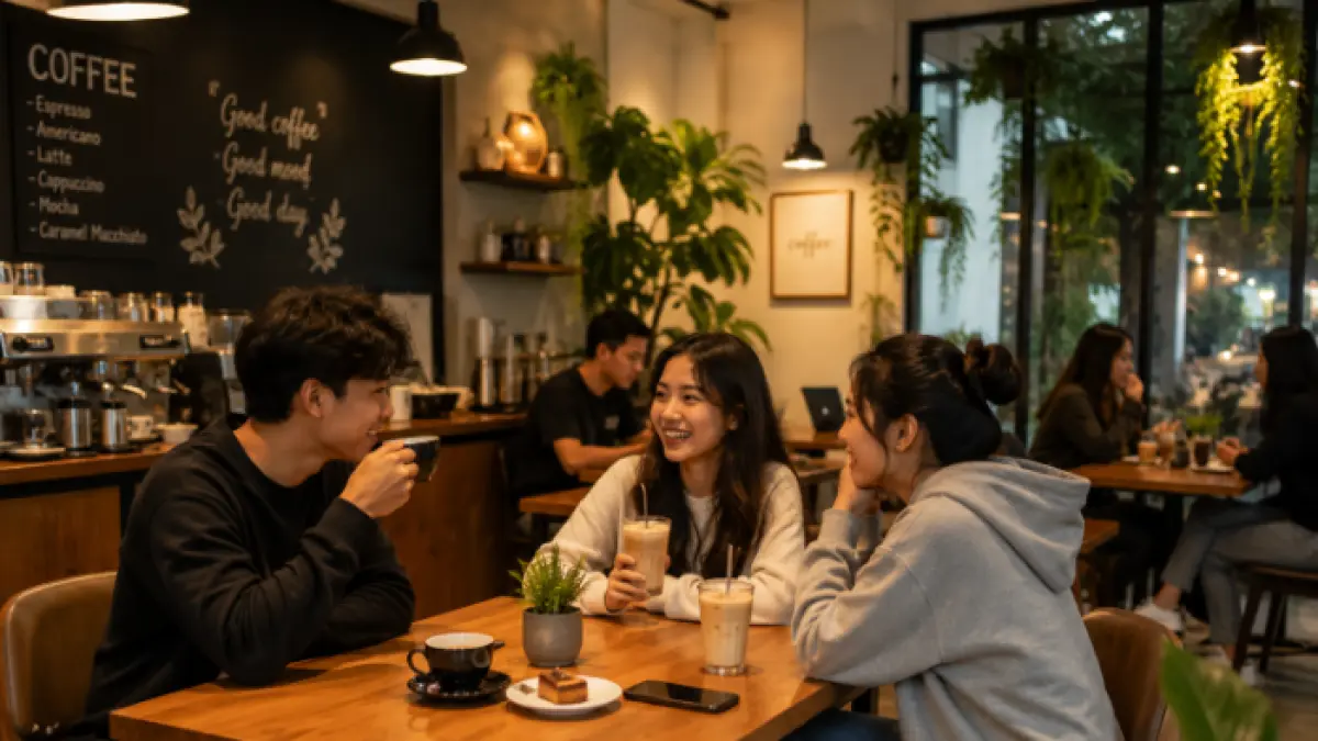 Ilustrasi orang yang sedang nongkrong di kafe (AI/Halojember)