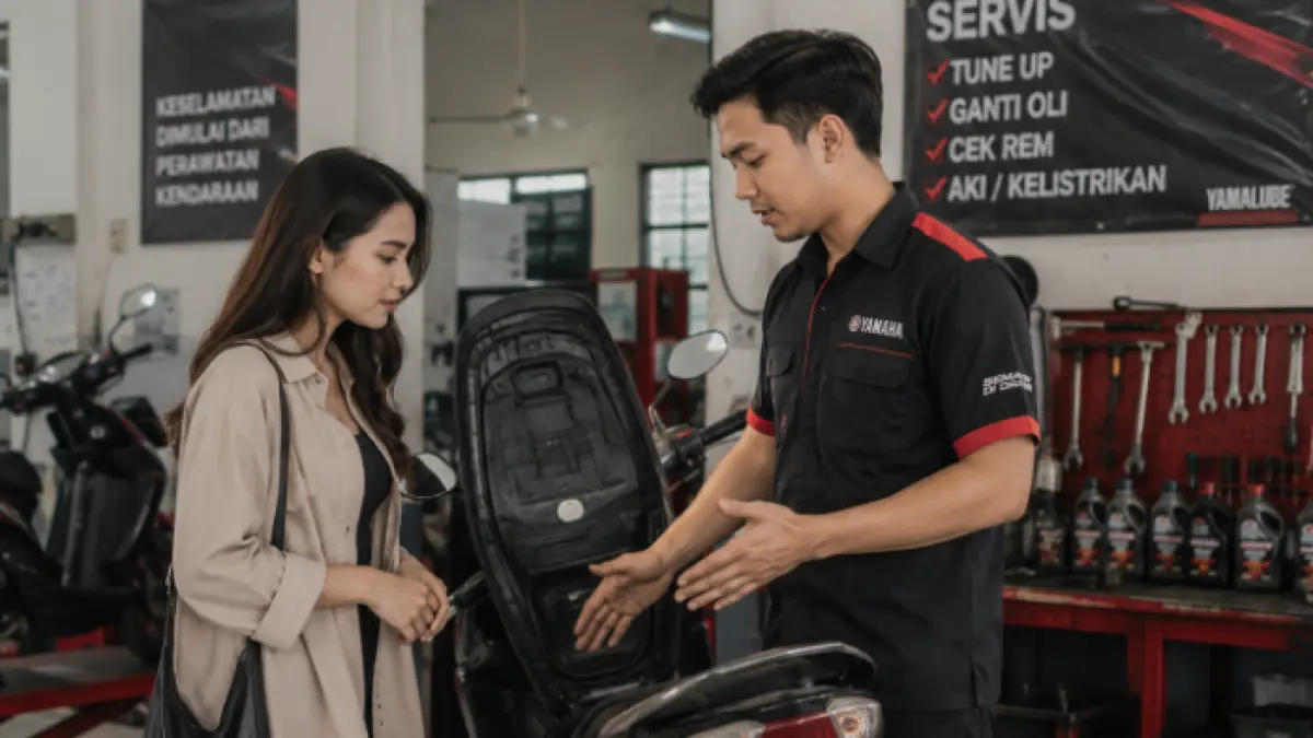 Ilustrasi seorang perempuan ke bengkel untuk service motor (AI/Halojember)