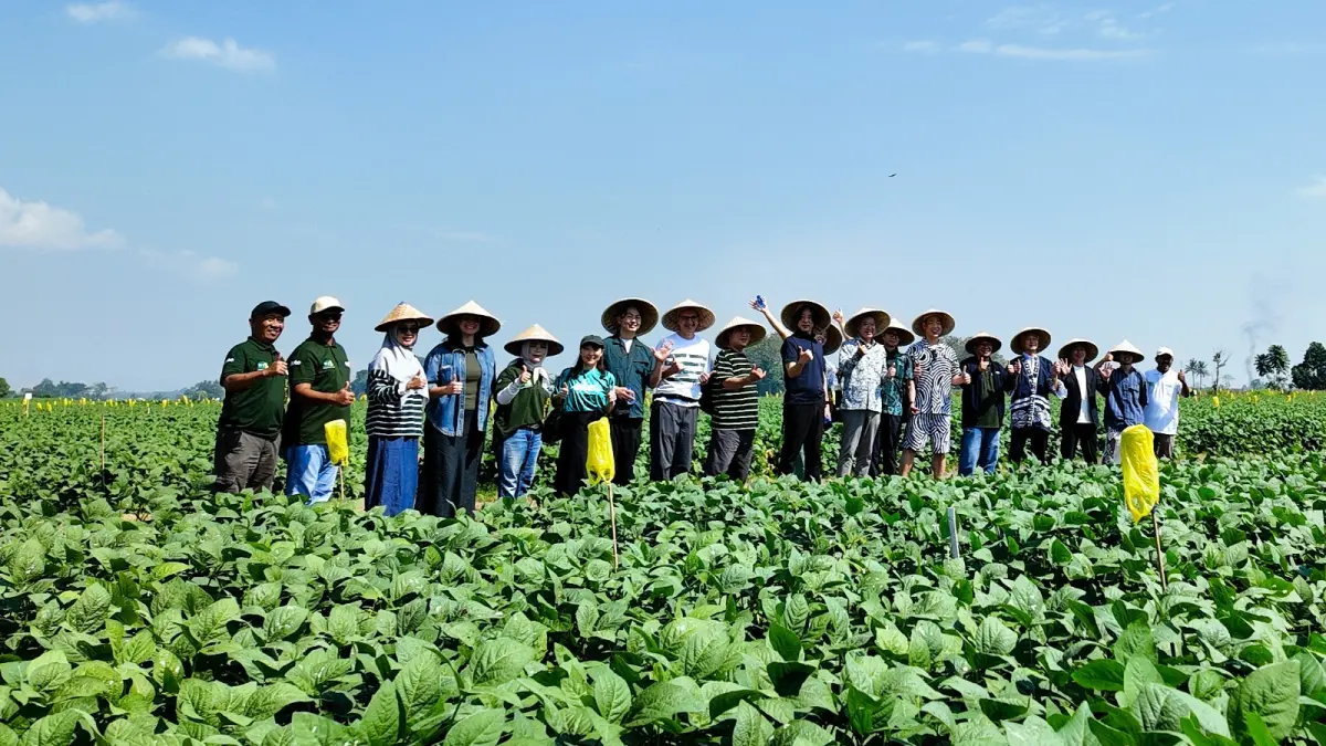 ANTUSIAS: Momen foto bersama tamu JFC dari Jepang yang melakukan kunjungan di lahan Mitra Tani Dua Tujuh di Desa Cagkring, Jenggawah (26/7)