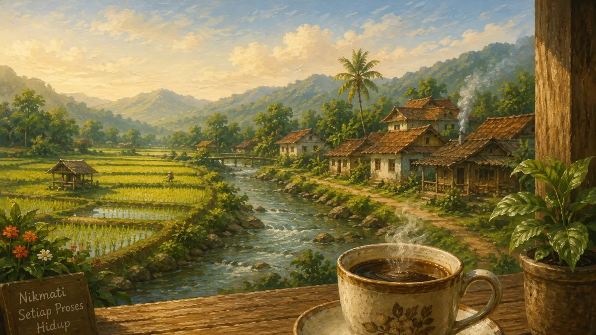 Ilustrasi Puisi Desa Ku (AI/IjalDesign/HaloJember)