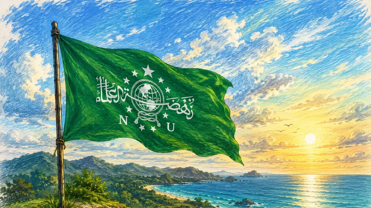 Ilustrasi bendera NU berkibar. (Ijal/AI/Halojember)