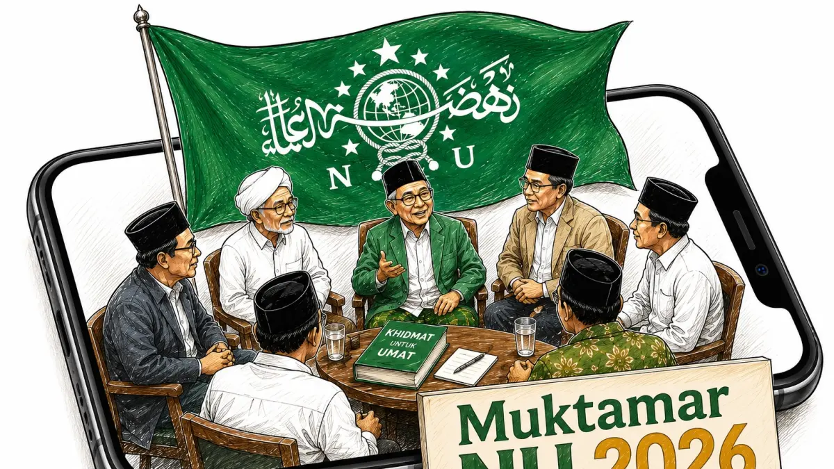 Ilustrasi Membaca Muktamar NU di Ruang Digital, Opini oleh Suhermanto Ja’far, Akademisi UINSA Surabaya. (Ijal/AI)