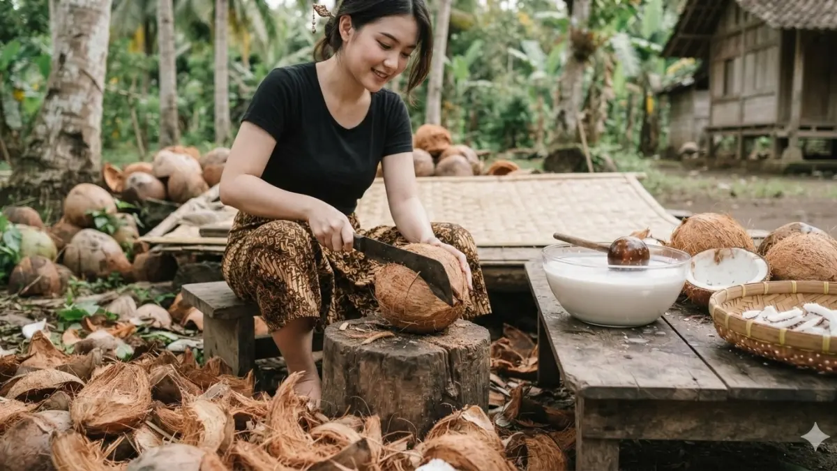 Seorang gadis mengupas kelapa dan menjadikannya santan. (nurhariri/ai/halojember)
