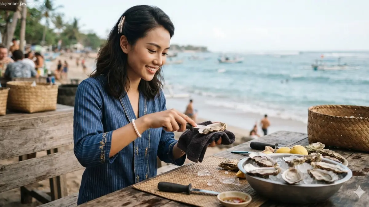 Seorang gadis membersihkan kerang sebelum diolah dan dikonsumsi. (nurhariri/ai/halojember)