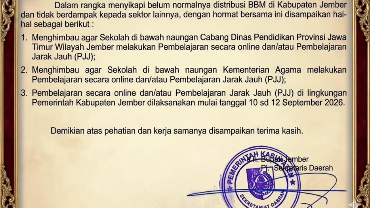 Sepenggal surat yang berisi imbauan sekolah daring selama tiga hari. (nurhariri/ai/halojember)