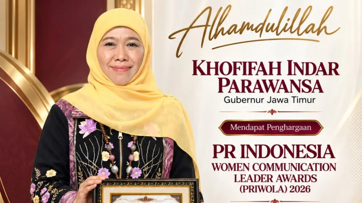 Gubernur Jatim Khofifah Indar Parawansa meraih PR INDONESIA Women Communication Leader Awards (PRIWOLA) 2026 kategori Special Awards, subkategori Kepala Daerah Perempuan Bereputasi. (Pemprov Jatim)