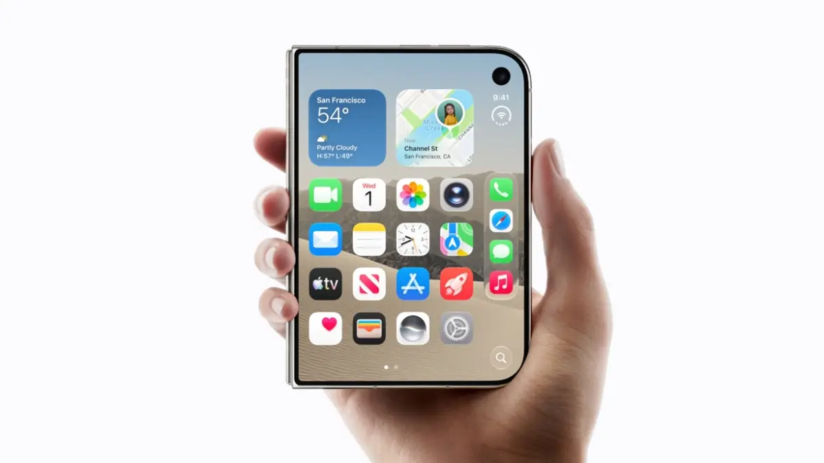 Mengusung desain yang bisa dibuka dan ditutup, iPhone Duo menawarkan layar besar dalam bodi yang tetap ringkas saat dibawa. (Apple)