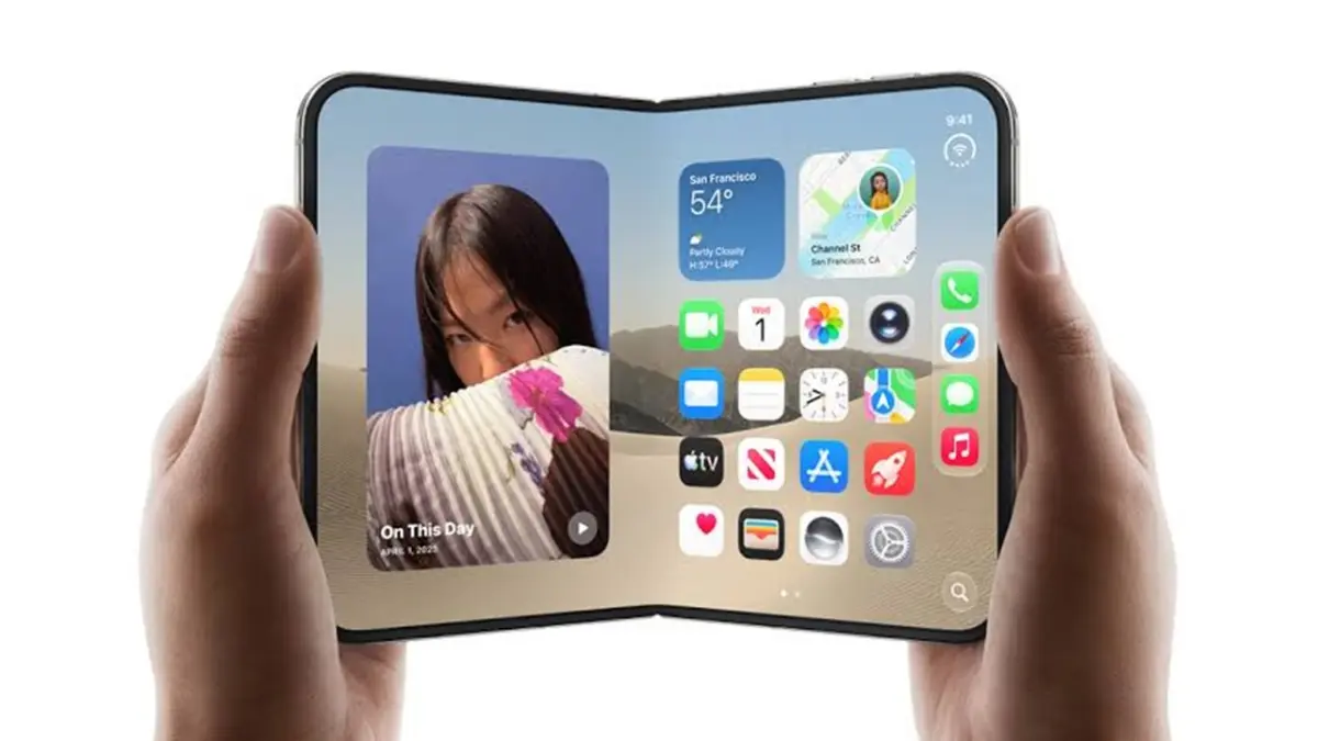 Perangkat ini punya dua layar yang bisa digunakan sesuai kebutuhan, yakni layar 5,4 inci saat dilipat dan layar 7,6 inci ketika dibuka. (Apple)
