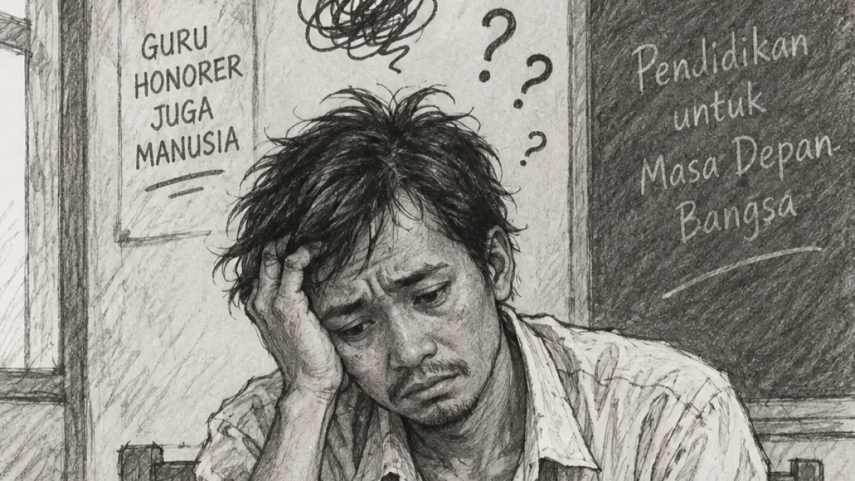 Ilustrasi Guru di Ujung Tanduk: Antara Tantangan Internal dan Tekanan Eskternal. (Ijal/AI/Halojember)