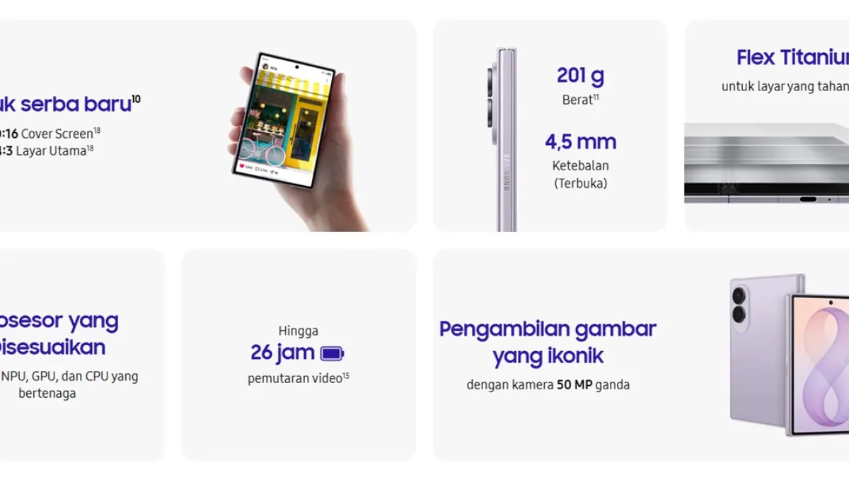 Samsung sukses memangkas bobot Galaxy Z Fold 8 hingga level mikroskopis demi mengalihkan ruang untuk peningkatan baterai dan kamera. (Samsung)