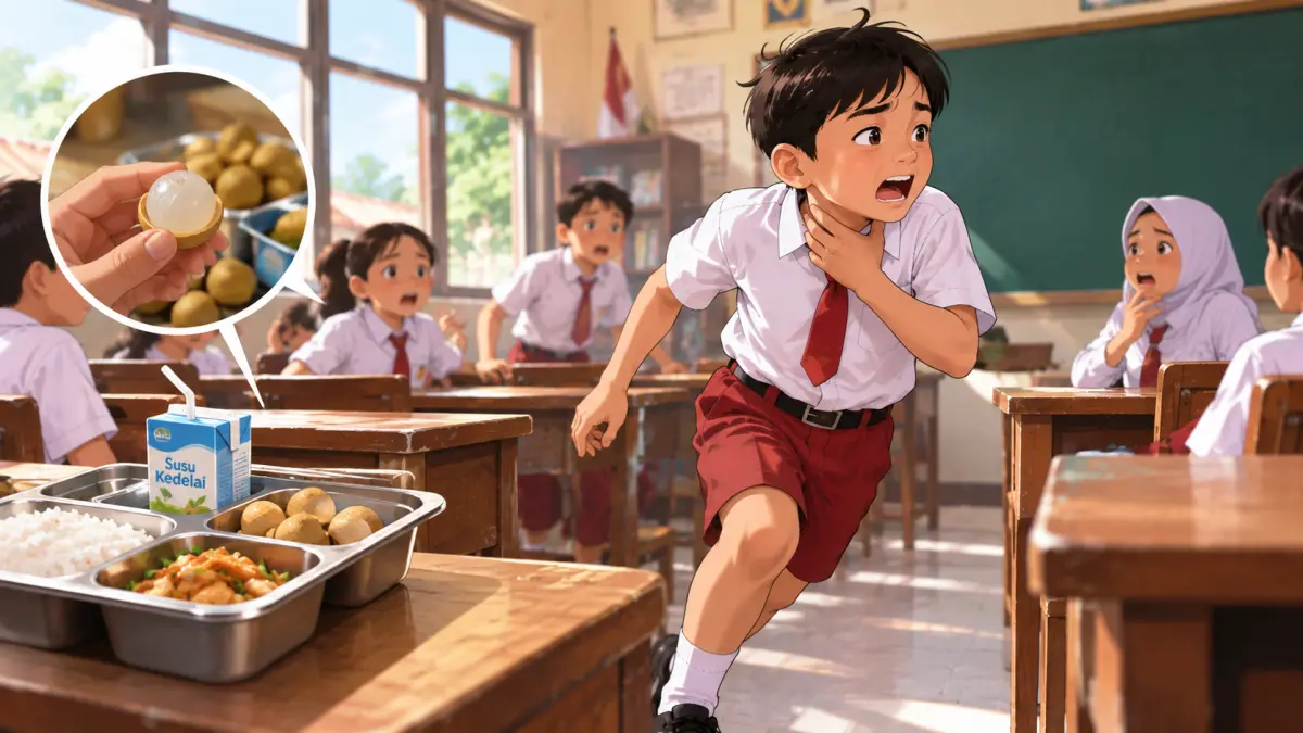 Ilustrasi siswa SD tersedak buah kelengkeng dari menu MBG yang dikonsumsi dan menyebabkannya meninggal dunia. (Sidkin/AI/Halojember)