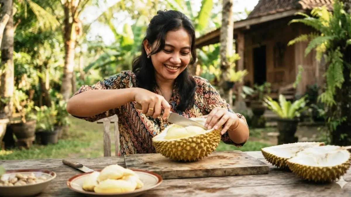 Sorang gadis membelah durian dalam ilustrasi (nurhariri/ai/haojember)
