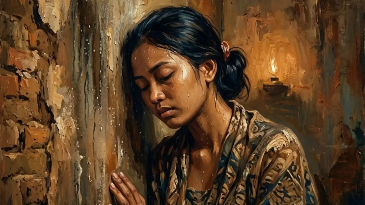 Ilustrasi puisi dinding yang berpeluh. (Ijal/AI/Halojember)