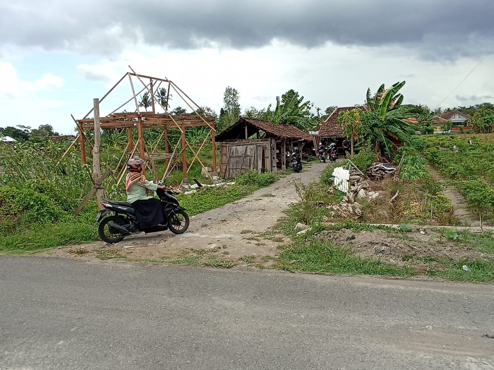 Foto: Warga melintas di area tanah pelungguh yang beralih fungsi menjadi tempat display usaha jual beli joglo di Padukuhan Keyongan, Kalurahan Sabdodadi, Kapanewon Bantul, Selasa (28/11).