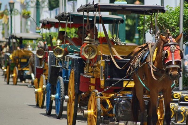 Berbanjar alat transportasi Delma atau Andong di Malioboro. (Google/Rianty Batik)