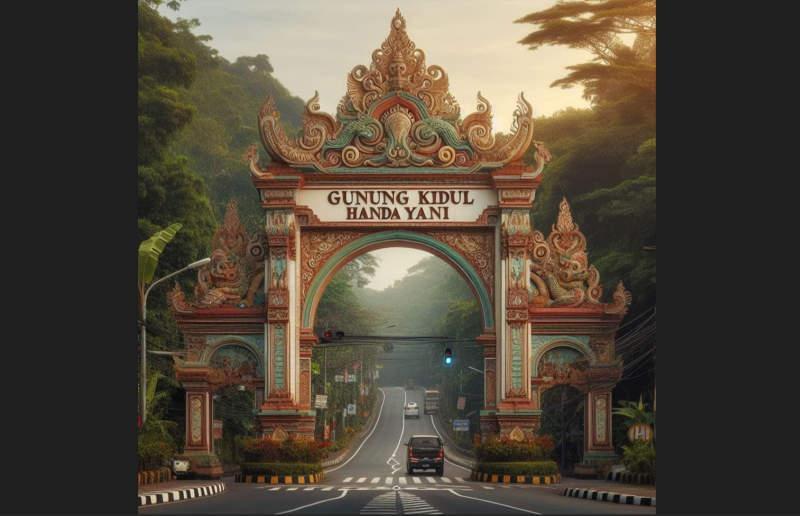 Ilustrasi gapura pintu masuk bumi handayani, Gunungkidul, yang diedit menggunakan filter AI.