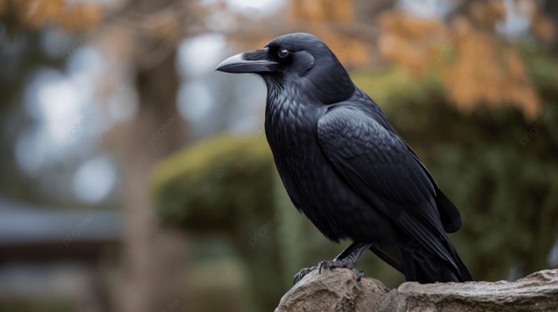 Seekor burung gagak hitam bertengger di atas batu.