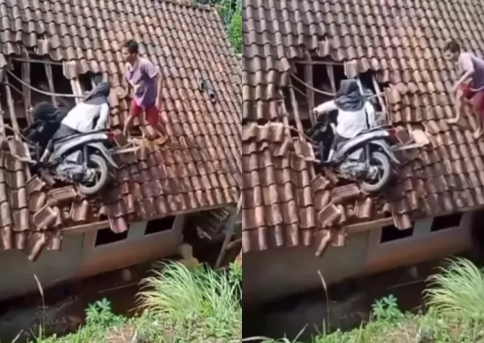 Tangkapan Layar Motor dua seorang remaja perempuan yang nyangkut di atas genteng rumah warga.
