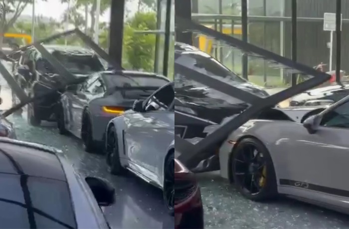 Caption foto: Sebuah mobil Xpander tiba-tiba menabrak showroom mobil mewah di Kawasan Pantai Indah Kapuk 2, Tangerang.
