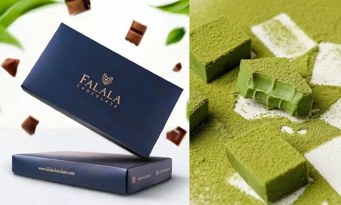 Falala chocolate ini mirip dengan chocolate bar yang ada di Jepang, yang berbentuk kotak-kotak dengan rasa manis gurih serta ditaburi bubuk cokelat.