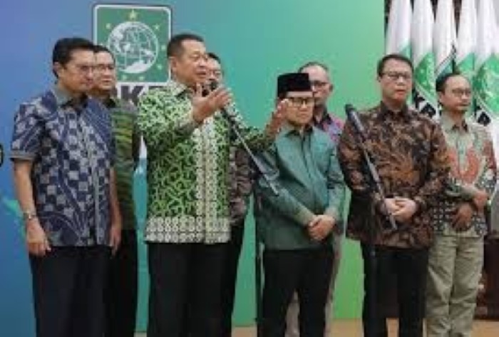 MPR RI Bambang Soesatyo bersama dengan Pimpinan MPR lainnya bertemu dengan Ketua Umum PKB Muhaimin Iskandar di kantor DPP Partai Kebangkitan Bangsa (PKB) Raden Saleh, Jakarta Pusat, Sabtu, (8/6/2024).